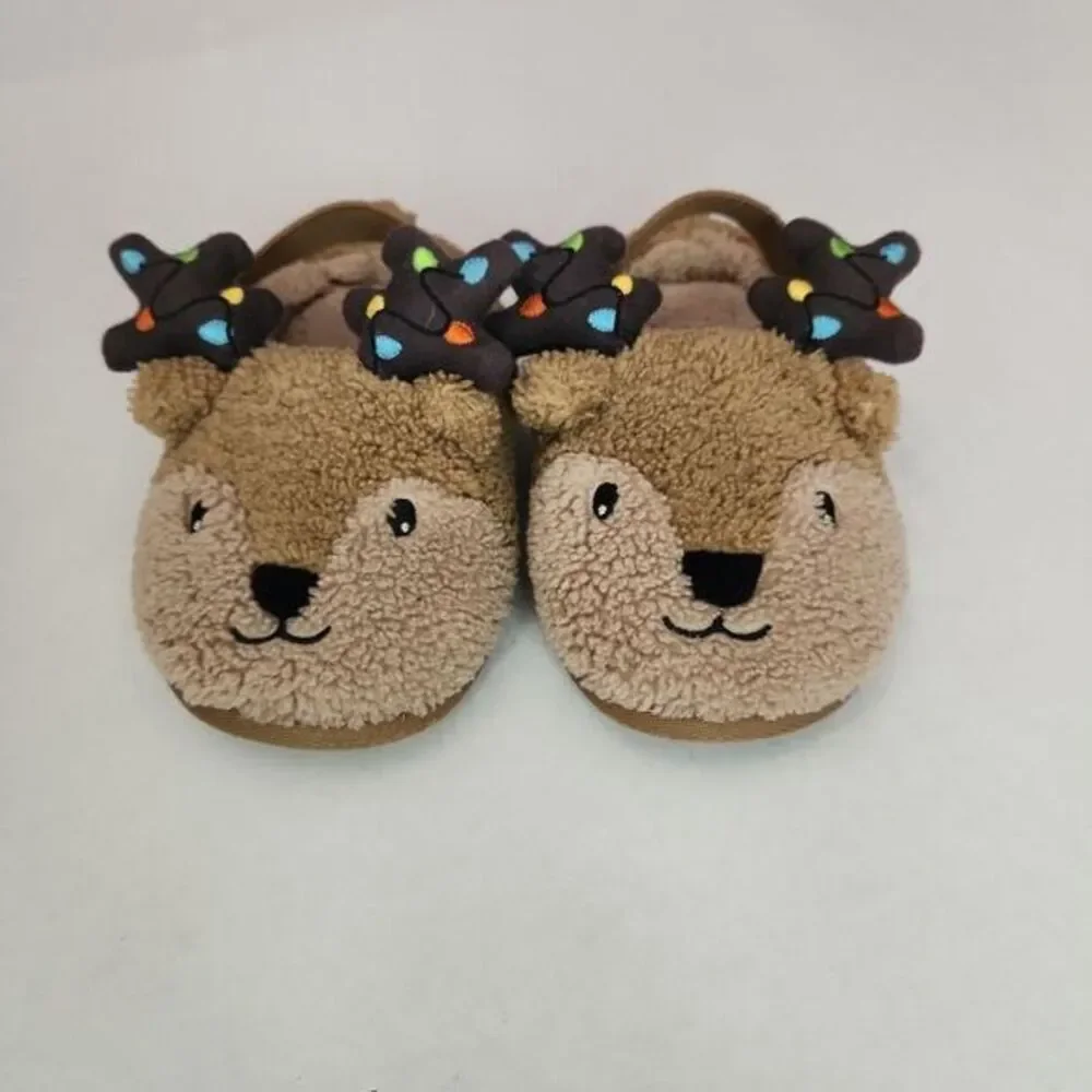 Kids‎ Slippers Kids Size M 7/8 Brown Animal Face Plush Texture Cozy Warm Toddler
